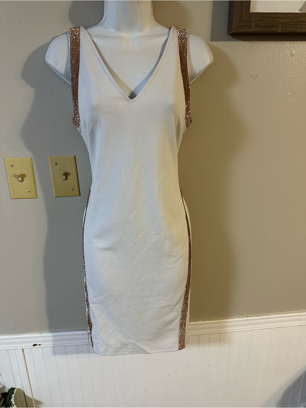 White V-Neck Mini Dress with Rose Gold Sequin Accents